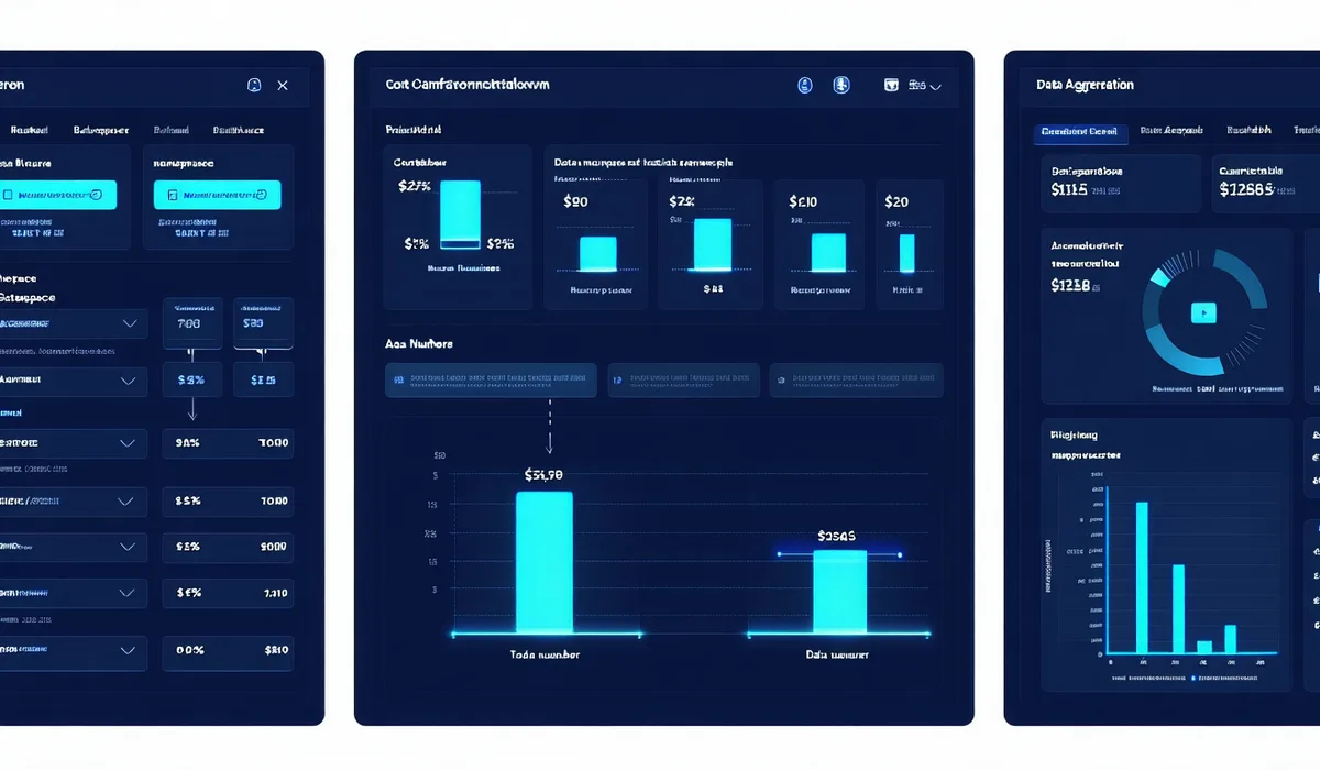 Three-panel product platform diagram showing cloud spend aggregation on left, service attribution layer in center, and engineering team cost view on right with teal and blue color coding